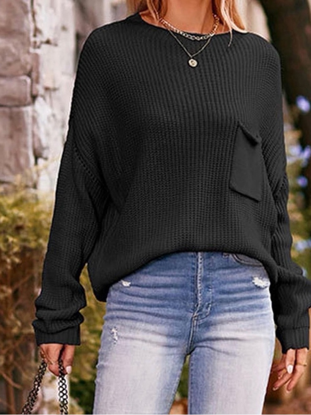 NWT Black Knit Crewneck Sweater with Pocket-xl